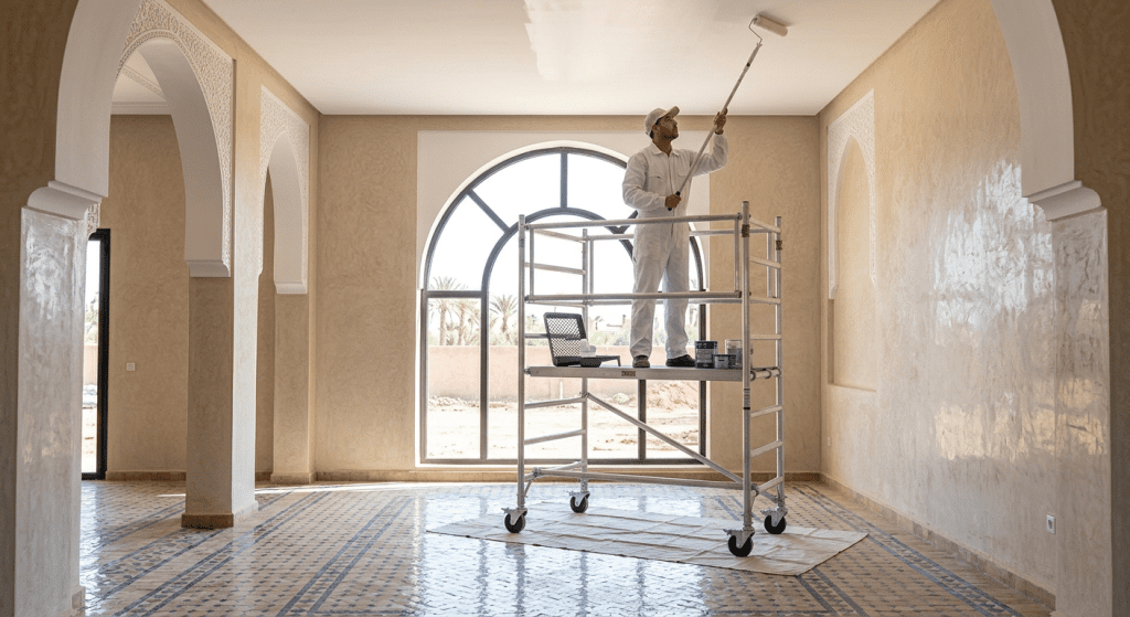 Artisan peintre sur échafaudage roulant en aluminium dans une villa au Maro