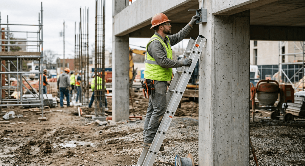 technicien qui travail sur une échelle en aluminium de la marque solidec au maroc