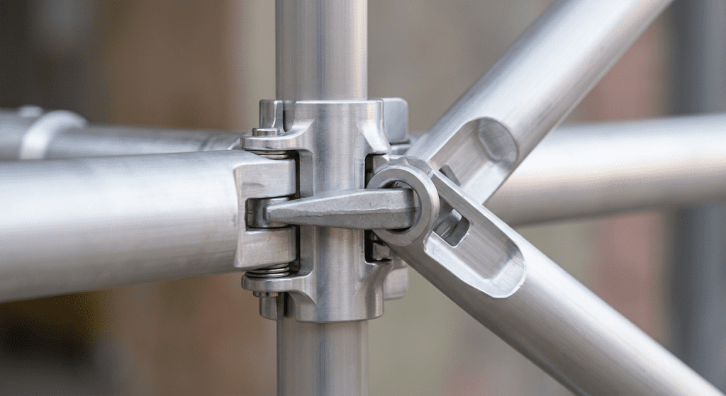 Détail d’un joint d’assemblage d’échafaudage en aluminium de haute qualité.