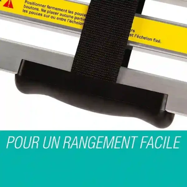 Systeme Rangement Stockage Echelle Telescopique Échelle télescopique repliée avec sangle de maintien et poignée de transport pour rangement facile